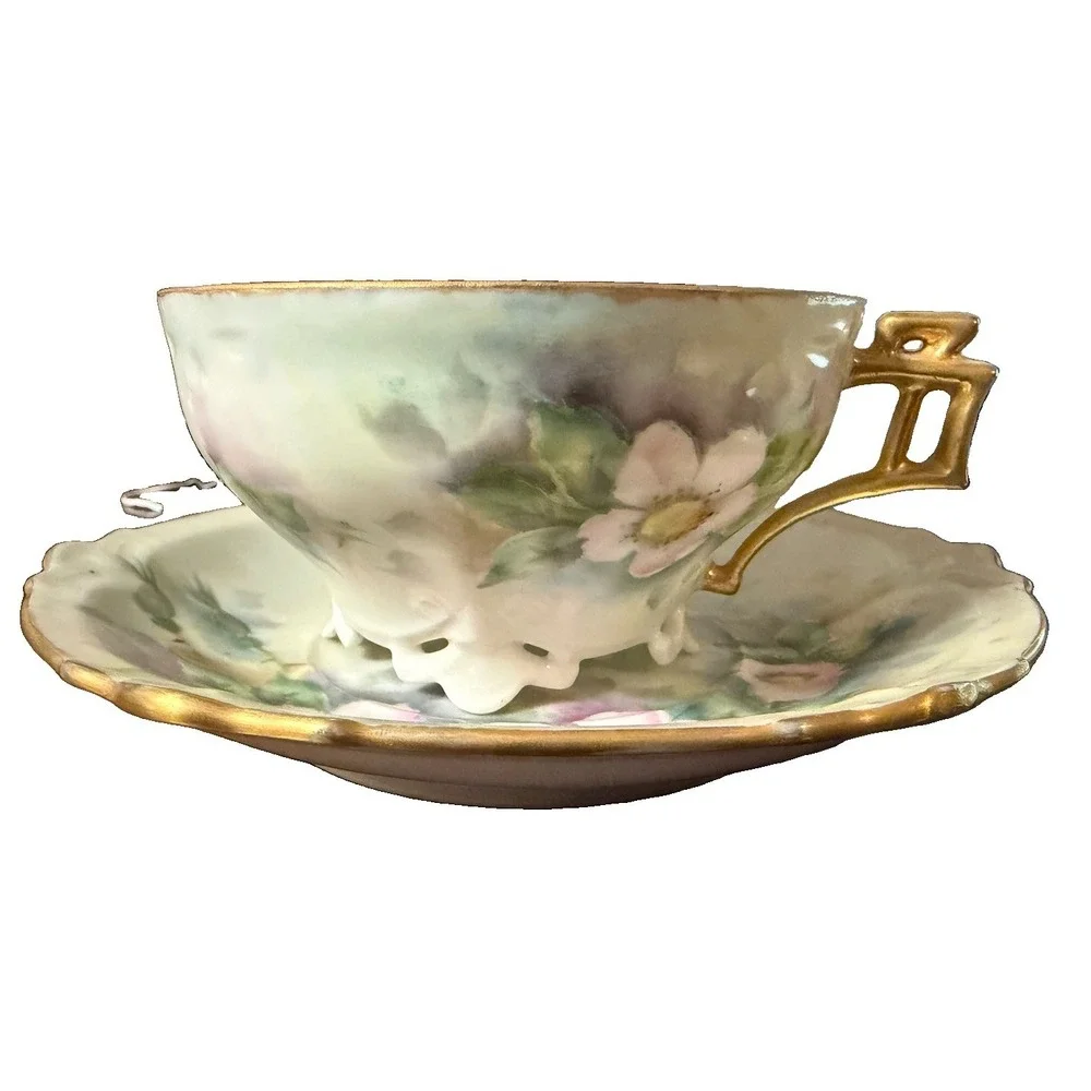 Vintage Japan Footed Teacup Saucer Pink Floral Openwork Pedestal Gold Handle